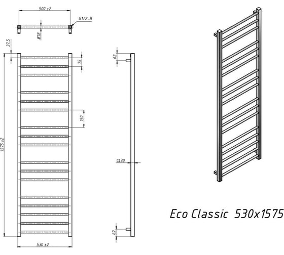 Водяной полотенцесушитель Grota Eco Classic 530x1575 хром глянцевый Eco Classic 530x1575 NP