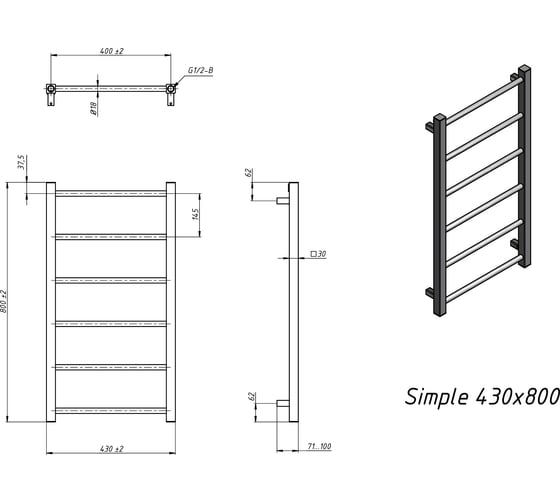 Полотенцесушитель водяной Grota Simple 430x800 черный Simple 430x800 N RAL 9005