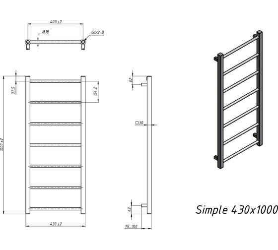 Полотенцесушитель электрический Grota Simple 430x1000 черный Simple 430x1000 N RAL 9005 EL