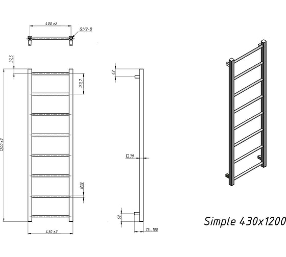 Полотенцесушитель электрический Grota Simple 430x1200 черный Simple 430x1200 N RAL 9005 EL