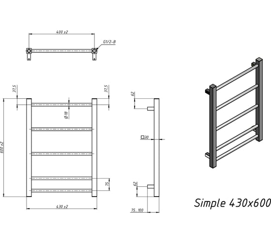 Полотенцесушитель электрический Grota Simple 430x600 черный Simple 430x600 N RAL 9005 EL