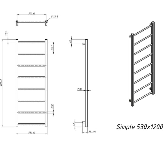 Полотенцесушитель электрический Grota Simple 530x1200 черный Simple 530x1200 NRAL 9005 EL