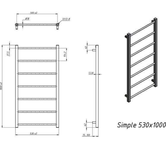 Полотенцесушитель электрический Grota Simple 530x1000 хром глянцевый Simple 530x1000 NP EL
