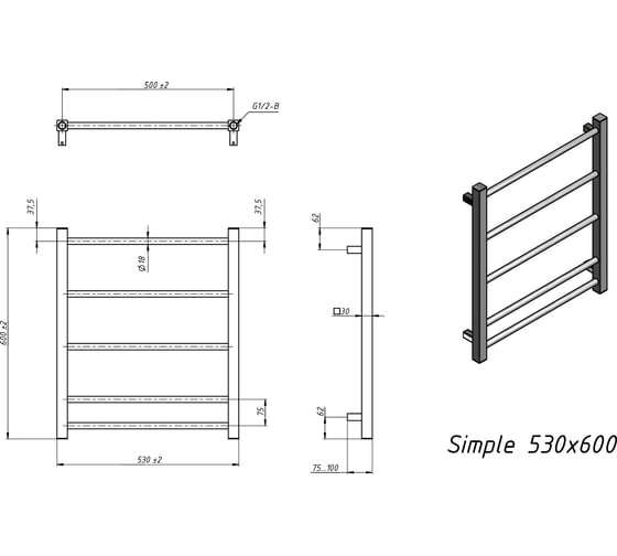Полотенцесушитель электрический Grota Simple 530x600 черный Simple 530x600 N RAL 9005 EL