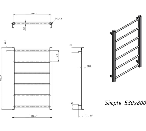 Полотенцесушитель электрический Grota Simple 530x800 черный Simple 530x800 N RAL 9005 EL