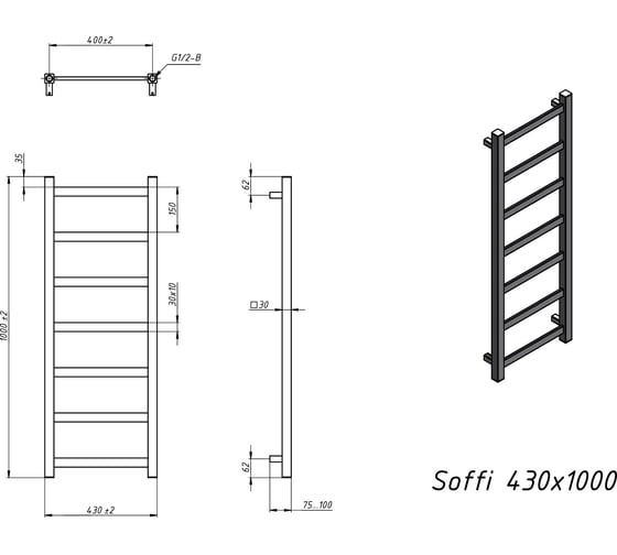 Полотенцесушитель электрический Grota Soffi 430x1000 черный Soffi 430x1000 N  EL RAL9005