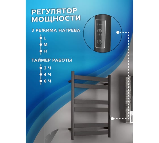 Электрический дизайнерский полотенцесушитель Bauedge профильный BAU Mix 50x80, 6 планок, универсальный, черный матовый RAL 9005 DB-0127
