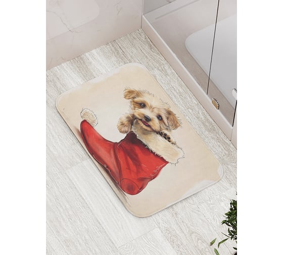 Коврик для ванной комнаты и туалета противоскользящий JoyArty "Щенок в валенке" 52x77 см, серия Новый год и Рождество bath_sd3998 1