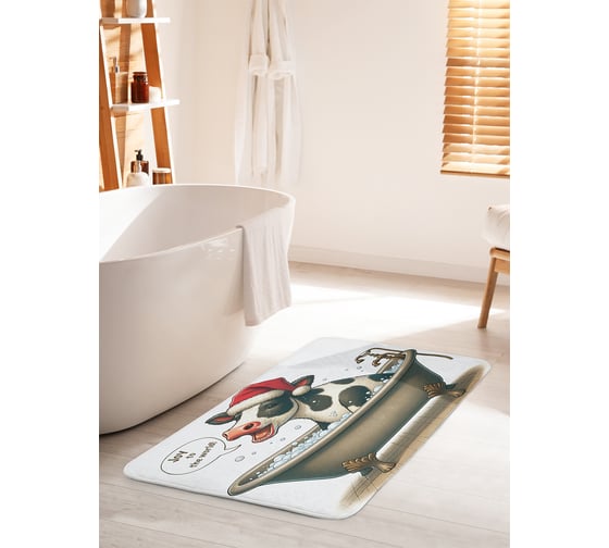 Коврик для ванной комнаты и туалета противоскользящий JoyArty "Радостная корова" 60x100 см, серия Новый год и Рождество bath_sd3873_60x100 1