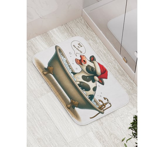 Коврик для ванной комнаты и туалета противоскользящий JoyArty "Радостная корова" 52x77 см, серия Новый год и Рождество bath_sd3873 1
