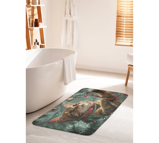 Коврик для ванной комнаты и туалета противоскользящий JoyArty "Играющий котик" 60x100 см, серия Новый год и Рождество bath_sd3980_60x100 1