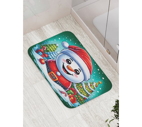 Коврик для ванной комнаты и туалета противоскользящий JoyArty "Снеговик с подарками" 52x77 см, серия Новый год и Рождество bath_sd3927 1