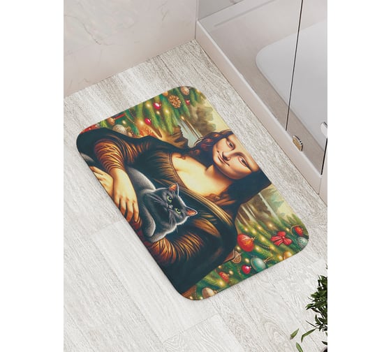 Коврик для ванной комнаты и туалета противоскользящий JoyArty "Джоконда с котом" 52x77 см, серия Новый год и Рождество bath_sd3894 1