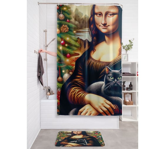 Штора занавеска для ванной тканевая JOYARTY Джоконда с котом 180x200 см, серия Новый год и Рождество sc_sd3894