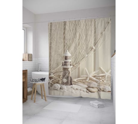 Штора (занавеска) для ванной JoyArty "Маяк с декорациями" из сатена, 180х200 см с крючками sc_9000