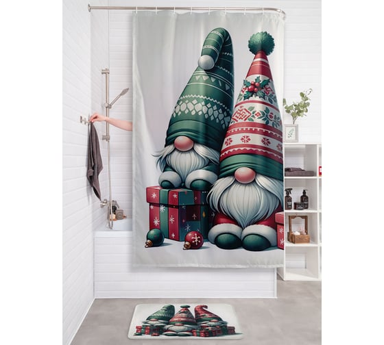 Штора занавеска для ванной тканевая JOYARTY "Три гнома" 180x200 см, серия Новый год и Рождество sc_sd3870 1