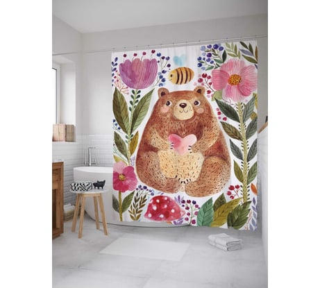 Штора (занавеска) для ванной JoyArty "Добрый медведь в цветах" из сатена, 180х200 см с крючками, sc_14555
