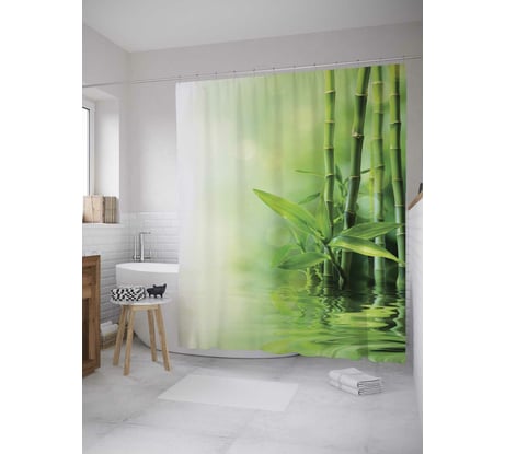 Штора (занавеска) для ванной JoyArty "Бамбук у воды" из сатена, 180х200 см с крючками, sc_12188