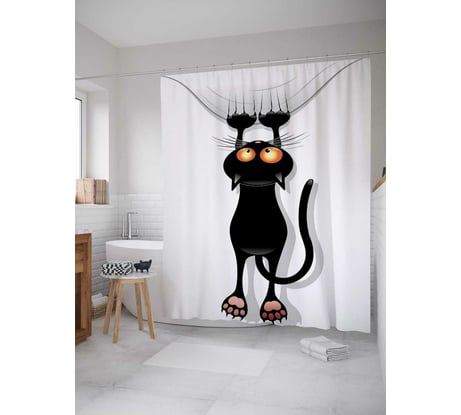 Штора (занавеска) для ванной JoyArty "Кот-шкодник" из сатена, 180х200 см с крючками, sc_18507