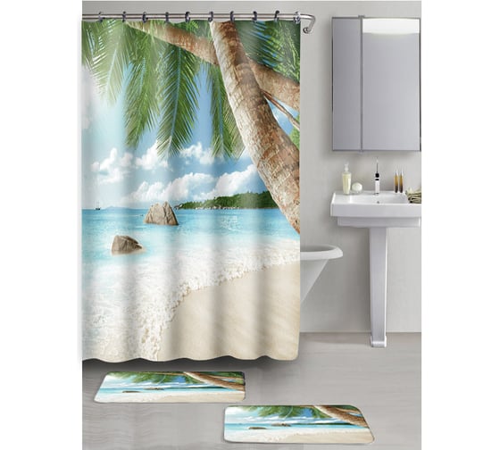 Набор из 3-х предметов для ванной комнаты Рыжий кот Пляж: 2 коврика из микрофибры, 1 занавеска 101239 1