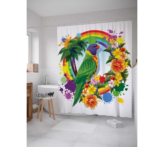 Штора (занавеска) для ванной JoyArty "Попугай в радужном кругу" из сатена, 180х200 см с крючками, sc_14979 1