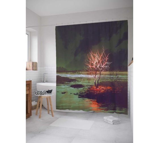 Штора (занавеска) для ванной JoyArty "Болотное древо" из сатена, 180х200 см с крючками, sc_14952 1