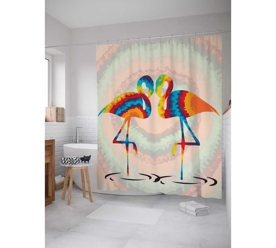 Штора (занавеска) для ванной JoyArty "Радужные фламинго" из сатена, 180х200 см с крючками, sc_14668 1