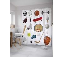 Штора (занавеска) для ванной JoyArty "Спортивные принадлежности" из сатена, 180х200 см с крючками, sc_10385