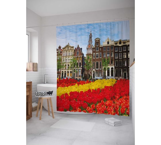 Штора (занавеска) для ванной JoyArty "Парк тюльпанов" из сатена, 180х200 см sc_244862 1