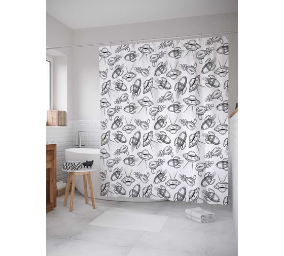 Штора (занавеска) для ванной JoyArty "Космические тарелки" из сатена, 180х200 см с крючками, sc_19602 1