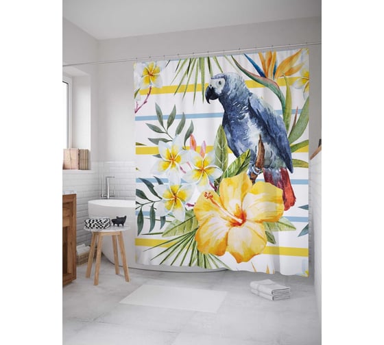 Штора (занавеска) для ванной JoyArty "Попугай в цветах" из сатена, 180х200 см с крючками, sc_14972 1