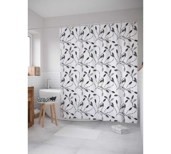 Штора (занавеска) для ванной JoyArty "Лиственный узор" из сатена, 180х200 см с крючками, sc_13550