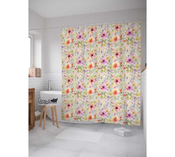 Штора (занавеска) для ванной JoyArty "Цветы поднимают настроение" из сатена, 180х200 см с крючками, sc_16271 1