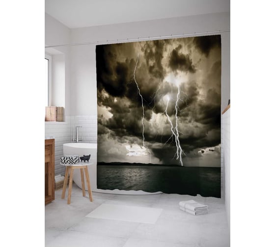 Штора (занавеска) для ванной JoyArty "Тучи с молниями" из сатена, 180х200 см с крючками, sc_16291