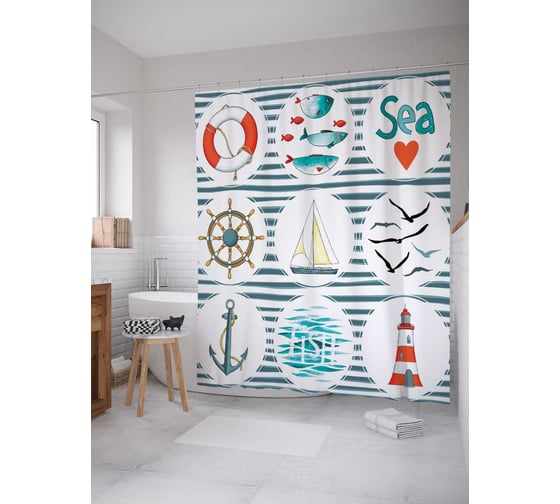 Штора (занавеска) для ванной JoyArty "Морские символы" из сатена, 180х200 см с крючками, sc_16742 1