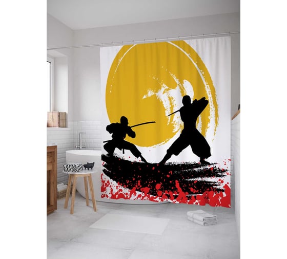 Штора (занавеска) для ванной JoyArty "Сражение на катанах" из сатена, 180х200 см с крючками, sc_18289 1