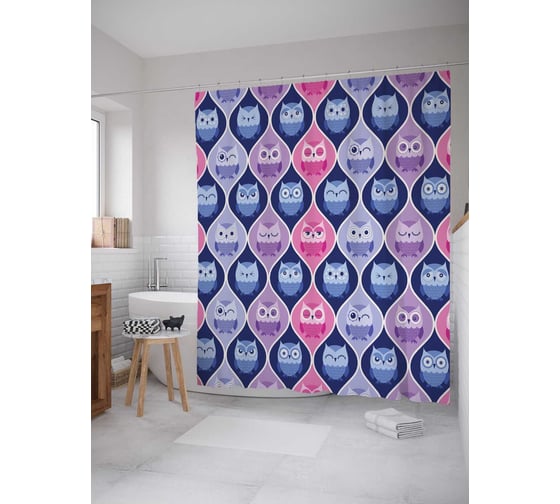 Штора (занавеска) для ванной JoyArty "Совиные волны" из сатена, 180х200 см с крючками, sc_15688 1