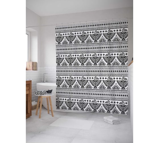 Штора (занавеска) для ванной JoyArty "Этнические узоры с полосами" из сатена, 180х200 см с крючками, sc_13930 1
