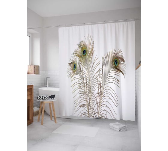 Штора (занавеска) для ванной JoyArty "Перья павлина" из сатена, 180х200 см с крючками, sc_16425 1