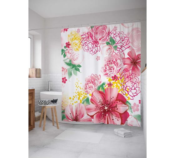 Штора (занавеска) для ванной JoyArty "Цветочный уголок" из сатена, 180х200 см с крючками, sc_2302 1
