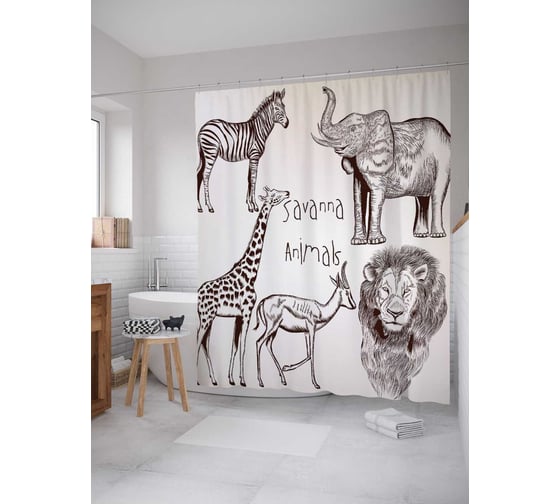 Штора (занавеска) для ванной JoyArty "Животные саванны" из сатена, 180х200 см с крючками, sc_14687 1