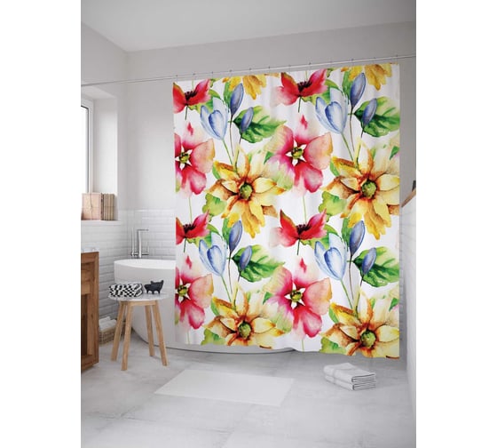 Штора (занавеска) для ванной JoyArty "Мартовские цветы" из сатена, 180х200 см с крючками, sc_13886 1