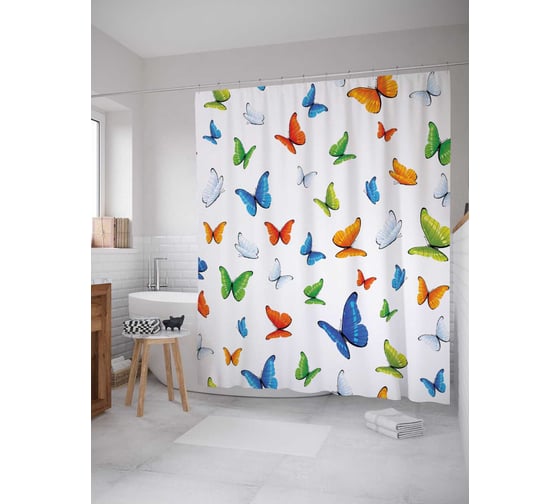Штора (занавеска) для ванной JoyArty "Бабочки в цвете" из сатена, 180х200 см с крючками, sc_11026 1