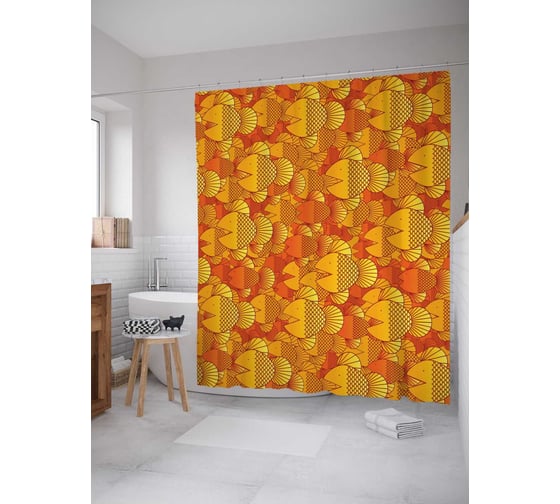 Штора (занавеска) для ванной JoyArty "Рыбная метаморфоза" из сатена, 180х200 см с крючками, sc_13480 1