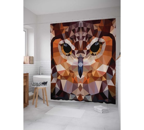 Штора (занавеска) для ванной JoyArty "Витражная сова" из сатена, 180х200 см с крючками, sc_14476 1