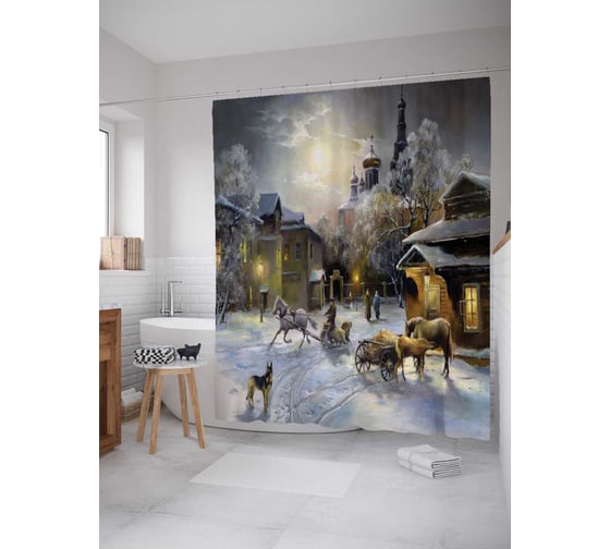Штора (занавеска) для ванной JoyArty "Зима в городе" из сатена, 180х200 см с крючками, sc_15096 1