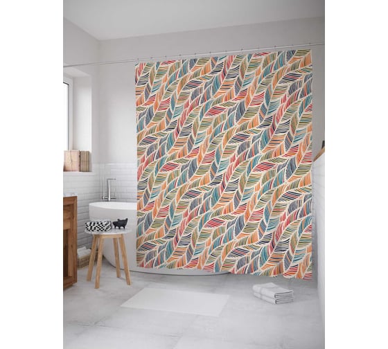 Штора (занавеска) для ванной JoyArty "Волны из перьев" из сатена, 180х200 см с крючками, sc_20226 1