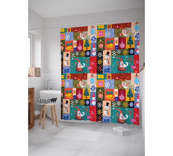 Штора (занавеска) для ванной JoyArty "Встречай новый год" из сатена, 180х200 см с крючками, sc_20058 1