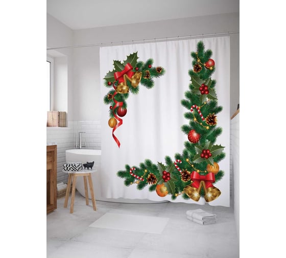 Штора (занавеска) для ванной JoyArty "Елочные украшения" из сатена, 180х200 см с крючками, sc_20312 1