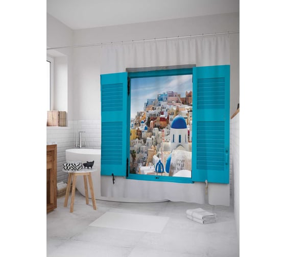 Штора (занавеска) для ванной JoyArty "Городское окно" из сатена, 180х200 см с крючками, sc_13659 1